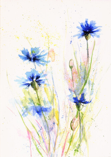 Painting titled "Fleurs bleues" by Catherine Dufrene (Katy), Original Artwork, Watercolor