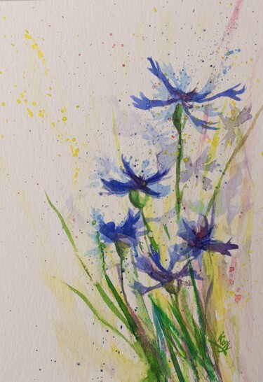 Painting titled "Bleuets" by Catherine Dufrene (Katy), Original Artwork, Watercolor