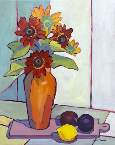 Malarstwo zatytułowany „Sunflowers for a Se…” autorstwa Catherine J. Martzloff, Oryginalna praca, Olej Zamontowany na Drewni…