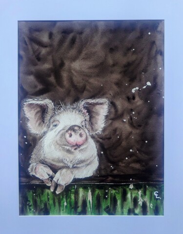 Painting titled "Le cochon" by Catherine Loza, Original Artwork, Watercolor Mounted on Cardboard