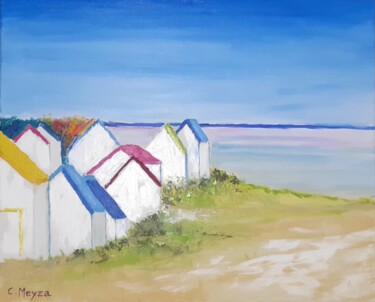 Painting titled "Cabanes de plage à…" by Catherine Meyza, Original Artwork, Oil Mounted on Wood Stretcher frame