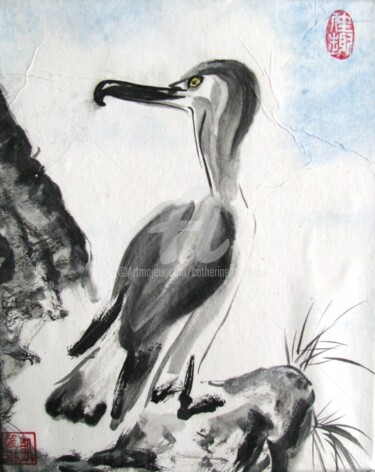 Peinture intitulée "Cormoran aux aguets" par Catherine Mondoux (4INE), Œuvre d'art originale, Encre