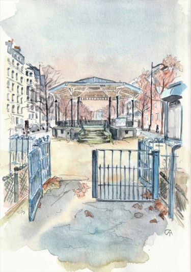 Painting titled "Kiosque Courteline" by Catherine Rossi, Original Artwork, Watercolor