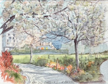 Painting titled "Cerisiers, RDV Juli…" by Catherine Rossi, Original Artwork, Watercolor