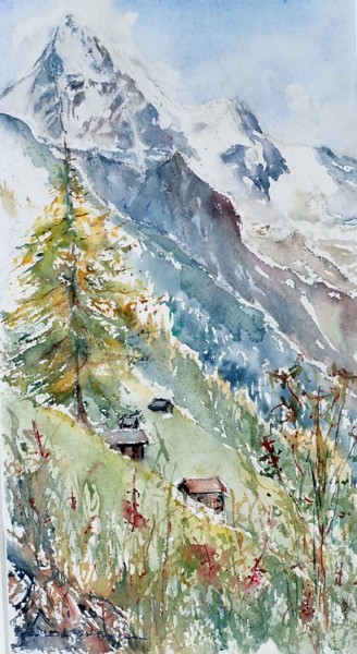 Malerei mit dem Titel "Dent Blanche" von Catherine Saint Fontaine, Original-Kunstwerk, Aquarell