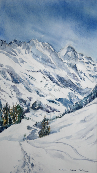 Pittura intitolato "Arolla, bleu" da Catherine Saint Fontaine, Opera d'arte originale, Acquarello