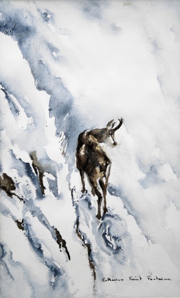 Peinture intitulée "le chamois de dos" par Catherine Saint Fontaine, Œuvre d'art originale, Aquarelle