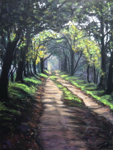 Malerei mit dem Titel "LE CHEMIN DANS LA F…" von Catherine Wernette, Original-Kunstwerk, Pastell