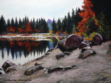 Dessin intitulée "LES GRANITS DU LAC…" par Catherine Wernette, Œuvre d'art originale, Pastel