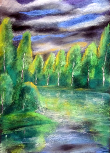 Drawing titled "bordure de rivière" by Ludovic Catry, Original Artwork, Pastel