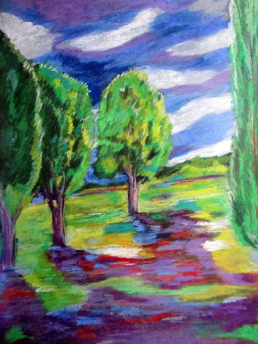 Drawing titled "à l'ombre des arbres" by Ludovic Catry, Original Artwork, Pastel