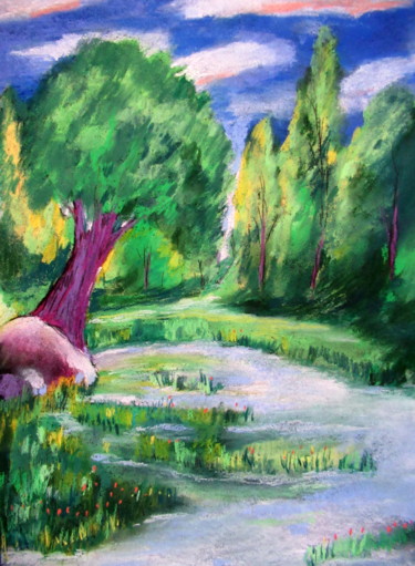 Desenho intitulada "au dessus d'un étang" por Ludovic Catry, Obras de arte originais, Pastel