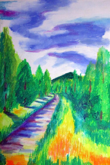 Drawing titled "chemin isolé" by Ludovic Catry, Original Artwork, Pastel