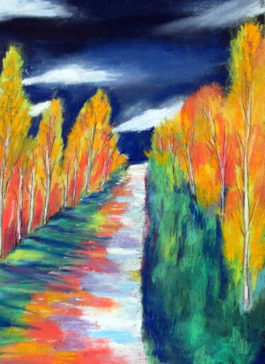 Dessin intitulée "chemin de nuit" par Ludovic Catry, Œuvre d'art originale, Pastel