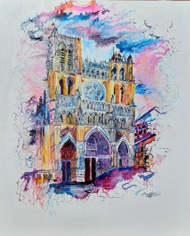 Painting titled "Cathédrale d'Amiens" by Cecile Boufflet, Original Artwork, Oil Mounted on Wood Stretcher frame