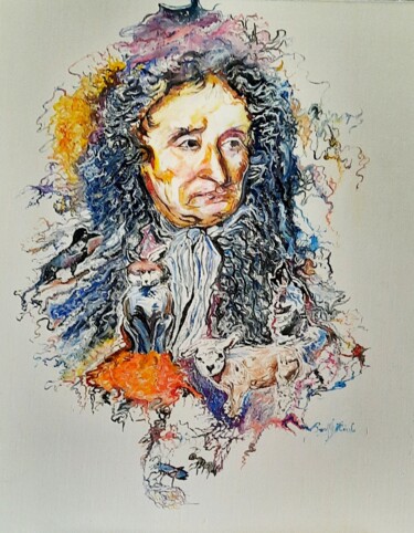 Painting titled "Jean de la Fontaine" by Cecile Boufflet, Original Artwork, Oil Mounted on Wood Stretcher frame