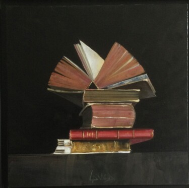 Painting titled "Livres" by Cédric Lavaud, Original Artwork, Oil Mounted on Wood Stretcher frame