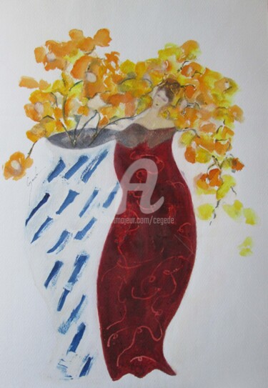 Картина под названием "vase bicolore et si…" - Cegede, Подлинное произведение искусства, Чернила