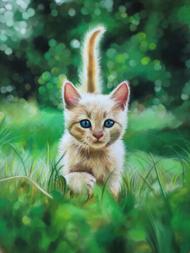 Painting titled "Chaton sur l'herbe" by Célia Dunzer, Original Artwork, Pastel