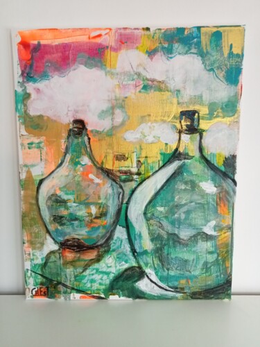 Malarstwo zatytułowany „Two Bottles in Tegu…” autorstwa Céline Estelle, Oryginalna praca, Akryl