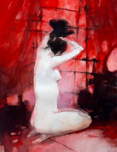 Peinture intitulée "Interior rojo" par Cesar Ayllón, Œuvre d'art originale, Aquarelle