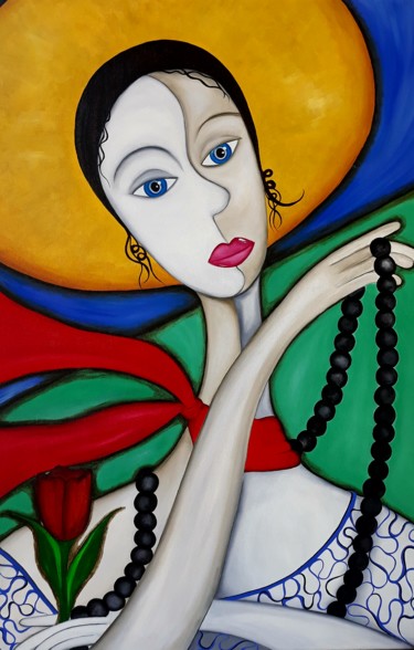 Painting titled "La Dama con Tulipa" by Céu Barros, Original Artwork, Oil