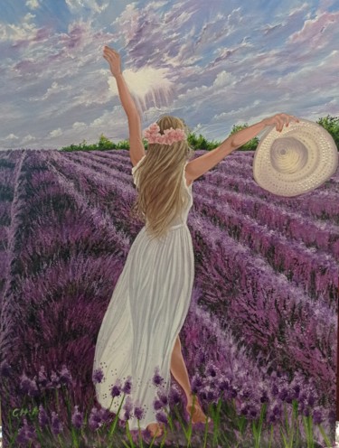 「Campo de lavanda en…」というタイトルの絵画 María Rosario Aladro Lozaによって, オリジナルのアートワーク, オイル ウッドパネルにマウント