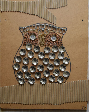 Collages intitolato "Hibou 1" da Chantal Bonnet, Opera d'arte originale, Collages Montato su Altro pannello rigido