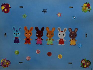 Collagen mit dem Titel "Les copains lapins" von Chantal Bonnet, Original-Kunstwerk, Collagen Auf Andere starre Platte montie…