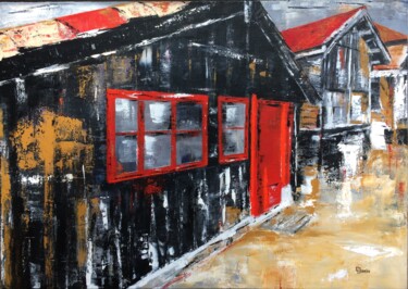 Malerei mit dem Titel "Cabane noire" von Chantal Derrien, Original-Kunstwerk, Acryl Auf Keilrahmen aus Holz montiert