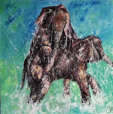 Peinture intitulée "ELEPHANTEAUX" par Chantal Eymes, Œuvre d'art originale, Huile Monté sur Châssis en bois