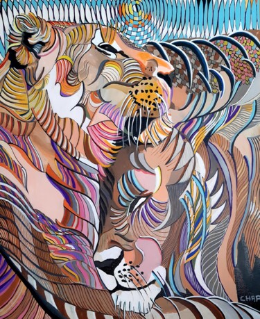 "Couple de Lions" başlıklı Tablo Chap tarafından, Orijinal sanat, Akrilik Ahşap Sedye çerçevesi üzerine monte edilmiş