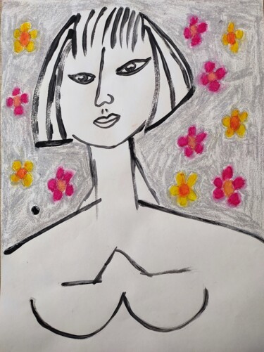 Картина под названием "Portrait fleurs" - Charlotte Cardonne, Подлинное произведение искусства, Акрил