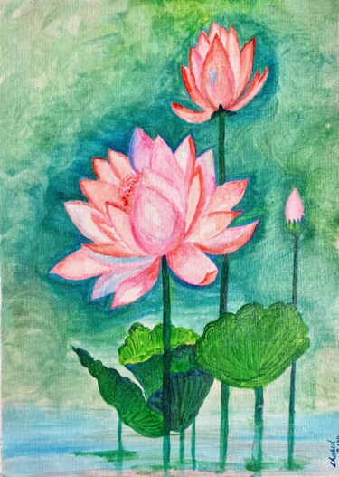 Peinture intitulée "Pink Lotus Trilogy" par Charul Gandotra, Œuvre d'art originale, Acrylique