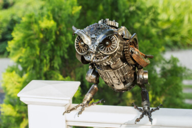 Sculpture intitulée "Owl metal art sculp…" par Chatree Choorachatatorn (Mari9art), Œuvre d'art originale, Métaux