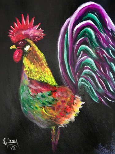Картина под названием "Coq" - Marie-Noelle Chauny, Подлинное произведение искусства, Акрил Установлен на Деревянная рама для…