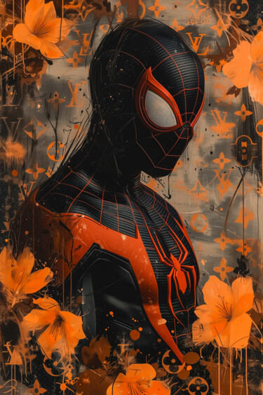 Digital Arts titled "Spiderman #1" by Cheeky Bunny (Pop Art), Original Artwork, Digital Painting Mounted on Wood Stretcher f…