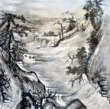 Painting titled "早春系列之峽谷春水" by Chen Jun Cao Tang Wu You, Original Artwork, Ink