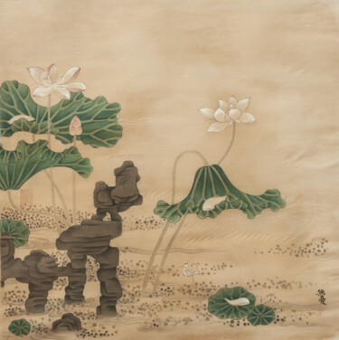 Pintura intitulada "花鳥冊頁之荷花" por Chen Jun Cao Tang Wu You, Obras de arte originais, Pigmentos