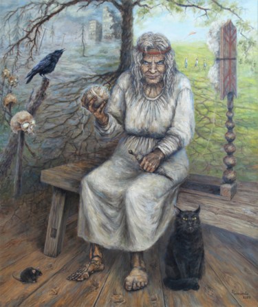 Schilderij getiteld "Baba Yaga" door Tatyana Chepkasova, Origineel Kunstwerk, Olie Gemonteerd op Frame voor houten brancard