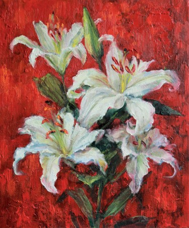 Malerei mit dem Titel "Lilies on red" von Tatyana Chepkasova, Original-Kunstwerk, Öl