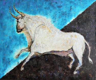 Painting titled "Heavenly bull" by Tatyana Chepkasova, Original Artwork, Acrylic Mounted on Wood Stretcher frame