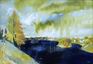 Schilderij getiteld "Чёрное озеро. После…" door Chesnov Evgenii, Origineel Kunstwerk, Olie