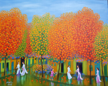 Schilderij getiteld "Autumn Street" door Chi Nguyen, Origineel Kunstwerk, Acryl Gemonteerd op Frame voor houten brancard