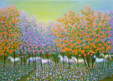 Malerei mit dem Titel "Horses and flowers" von Chi Nguyen, Original-Kunstwerk, Acryl