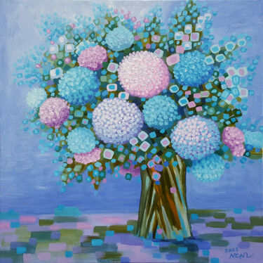 Картина под названием "Hydrangea Painting" - Chi Nguyen, Подлинное произведение искусства, Акрил Установлен на Деревянная ра…