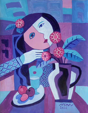 Painting titled "Girl and still life" by Chi Nguyen, Original Artwork, Acrylic