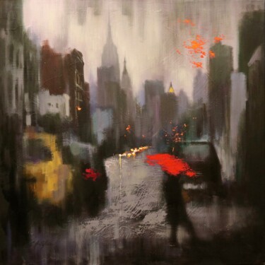 Ζωγραφική με τίτλο "A Rainy Day Walker" από Chin H Shin, Αυθεντικά έργα τέχνης, Λάδι