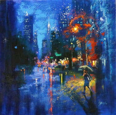 Peinture intitulée "Blue Rain in Fifth…" par Chin H Shin, Œuvre d'art originale, Huile Monté sur Châssis en bois