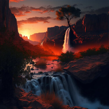 Digital Arts titled "Sunset Waterfall (0…" by China Alicia Rivera, Original Artwork, AI generated image